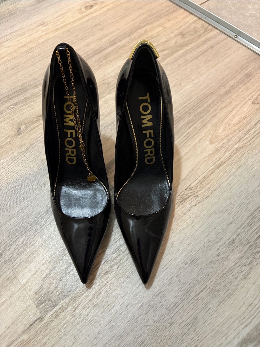 Tom Ford Black Patent Pointed Toe Stiletto Pumps with Gold Accent #9
